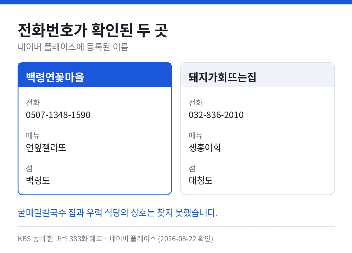 동네 한 바퀴 383화 전화번호가 확인된 두 곳 — 백령연꽃마을 0507-1348-1590(연잎젤라또, 백령도), 돼지가회뜨는집 032-836-2010(생홍어회, 대청도). 굴메밀칼국수 집과 우럭 식당의 상호는 찾지 못했습니다.