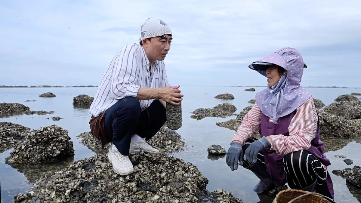 백령도 갯바위에서 여름 굴을 캐는 모습. 동네 지기가 굴이 붙은 돌을 들어 보이고, 챙 넓은 모자를 쓴 마을 할머니가 옆에 앉아 있다.