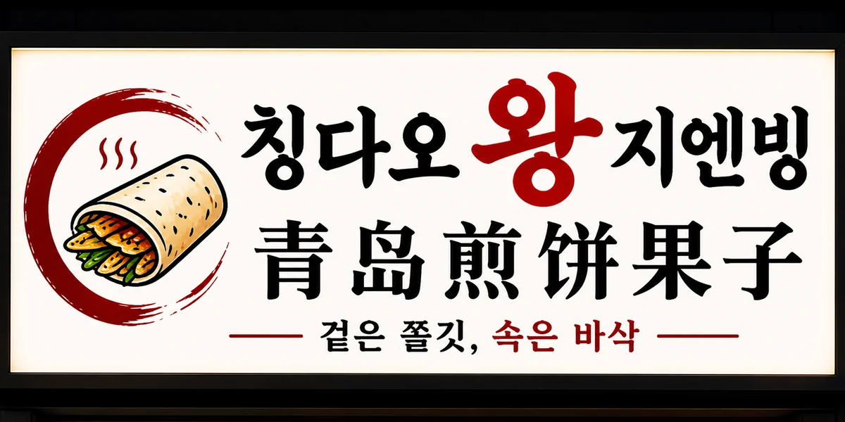 칭다오왕지엔빙 간판. 「칭다오 왕 지엔빙」과 한자 「青岛煎饼果子」가 적혀 있고 그 아래 「겉은 쫄깃, 속은 바삭」이라는 문구가 붙어 있다.