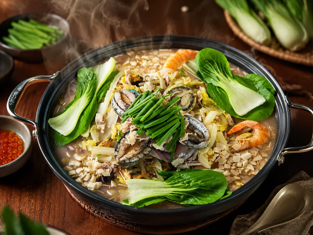 일동해물국밥 본점 하얀 전골 냄비에서 김이 오르고 있다. 전복과 새우, 청경채, 부추가 들어 있고 옆에 청경채 소쿠리와 숟가락이 놓여 있다.
