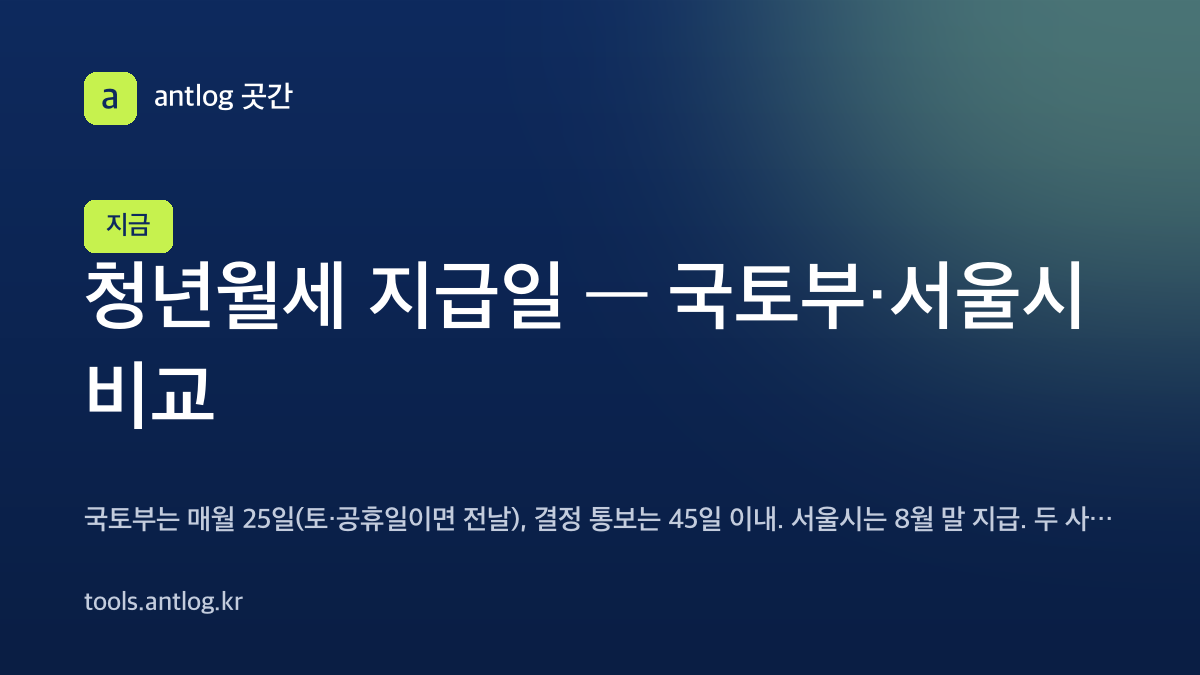 청년월세 지급일 — 국토부 청년월세 한시 특별지원은 매월 25일(토·공휴일이면 전날) 지급, 결정 통보는 접수 후 45일 이내. 서울시 청년월세지원은 8월 말 지급